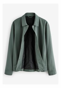 Chaqueta ligera y verde con cuello tipo solapa, botones a presión y bolsillos laterales. El interior presenta un forro texturizado en negro.