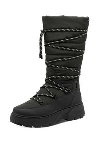 Zwarte gewatteerde winterlaars met een dikke rubberen zool, voorzien van zwart-witte gestreepte veters en een veilige enkelontwerp voor warmte en ondersteuning.