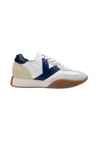 Sneaker bianca con dettagli in blu navy e beige, dotata di una suola in gomma testurizzata con un motivo a nido d'ape e chiusura con lacci.