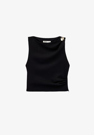 Black sleeveless crop top with draped neckline and gold decorative button on left shoulder, folded slightly at the waist.