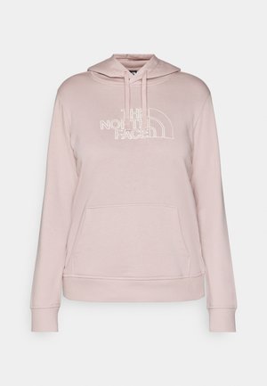 Svetloružová mikina s klokankou, s bielou vyšitou značkou a sťahovacou kapucňou. Vyrobená z mäkkej tkaniny s rebrovanými manžetami.