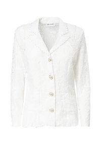 Blazer blanco de encaje con cuello de muesca, botones de perla y un bolsillo de acento. Patrón floral texturizado en toda la prenda.