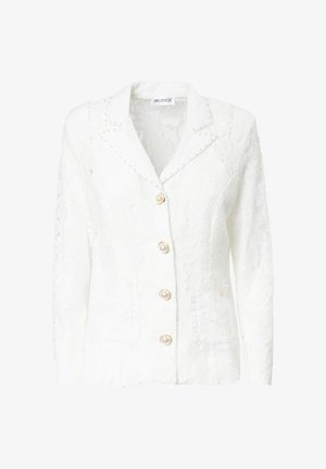 Weißer Spitzenblazer mit einem Reverskragen, Perlenknöpfen und einer Akzenttasche. Ganzflächiges, strukturiertes Blumenmuster.