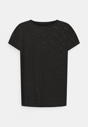 Short-sleeve black t-shirt featuring an intricate cutout pattern, round neckline, and soft texture. Lightweight fabric with a relaxed fit.