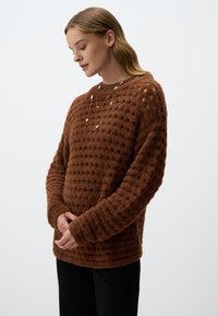 Bruine fuzzy trui met een gestructureerd, gestippeld patroon. Lange mouwen en geribbelde manchetten. Draagt over een donker shirt, gecombineerd met gelaagde gouden kettingen.