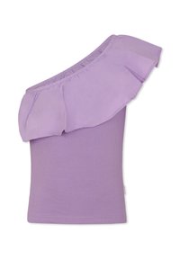 Top viola senza spalline con sovrapposizione di chiffon arruffato, texture a coste e design aderente. Tessuto leggero con scollatura elastica.