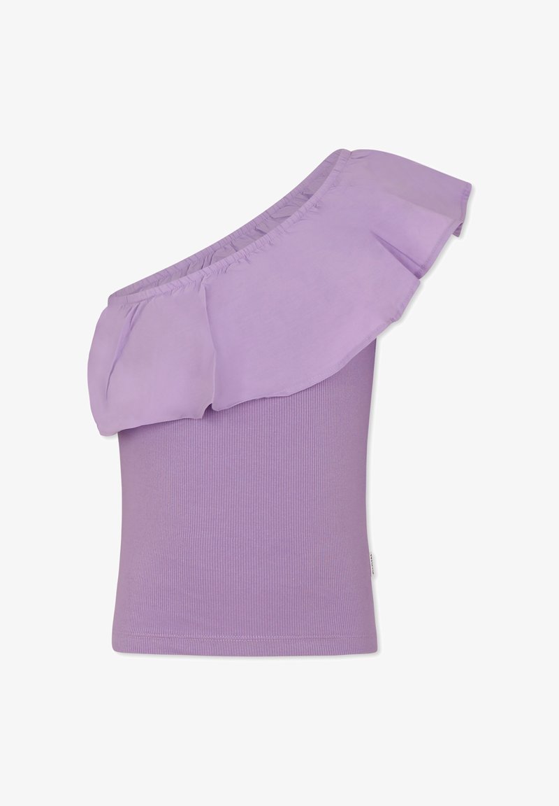 Top viola senza spalline con sovrapposizione di chiffon arruffato, texture a coste e design aderente. Tessuto leggero con scollatura elastica.