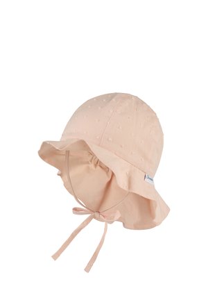 Light pink baby sun hat with textured dots, frilled brim, and chin ties, designed for sun protection.