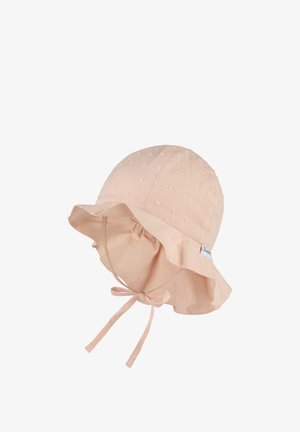 Light pink baby sun hat with textured dots, frilled brim, and chin ties, designed for sun protection.