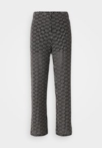 Tweed trousers with a black and white zigzag pattern, straight leg cut, elastic waistband, and a smooth texture.