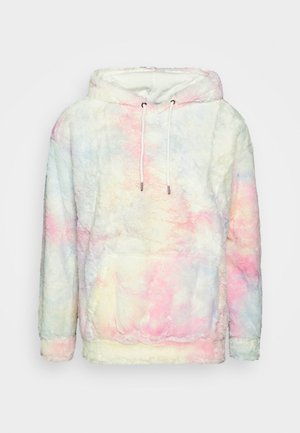 Sweat à capuche doux et moelleux avec poche avant, manches longues, et couleurs pastel tie-dye comprenant du rose, bleu et jaune sur fond blanc.