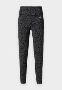 Sorte leggings med et strukturert mønster i mørkegrått, høy midje og en liten logoaksent nær midjen.