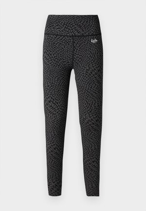 Sorte leggings med et strukturert mønster i mørkegrått, høy midje og en liten logoaksent nær midjen.