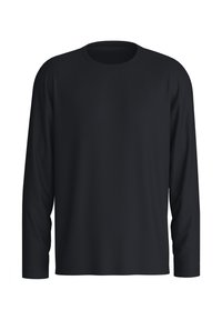 Zwarte lange mouwen t-shirt met een ronde hals, gemaakt van een gladde stof. Heeft een eenvoudig, onopgemaakt ontwerp zonder patronen of accenten.