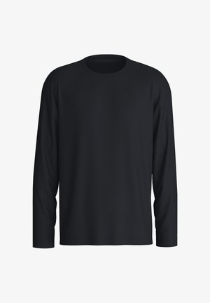 Zwarte lange mouwen t-shirt met een ronde hals, gemaakt van een gladde stof. Heeft een eenvoudig, onopgemaakt ontwerp zonder patronen of accenten.