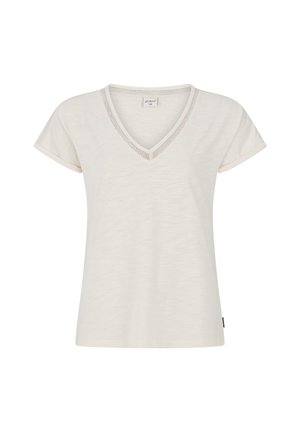 Camiseta de cuello en V en color blanco roto con mangas cortas y un bordado texturizado a lo largo del escote. Fabricada con una tela ligera y transpirable.