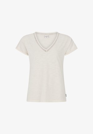 Camiseta de cuello en V en color blanco roto con mangas cortas y un bordado texturizado a lo largo del escote. Fabricada con una tela ligera y transpirable.