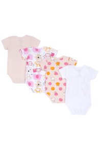Čtyři krátké rukávové dětské body v různých barvách: světle růžové, bílé a vzorované se zvířaty a puntíky v oranžové a růžové.