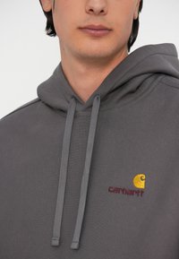Hall sinine kapuutsiga, millel on nöör, ja mille rinnal on väike kollane ja burgundia Carhartti logo. Kanga välimus on pehme ja sile.