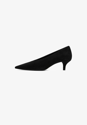 Black suede pointed-toe pump with a modest heel. Features a smooth texture and sleek silhouette, designed for formal or professional settings.