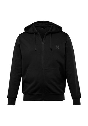 Sudadera con cremallera en negro hecha de una mezcla de algodón. Cuenta con una capucha con cordón, bolsillos frontales y un pequeño logo en el pecho. Textura suave.