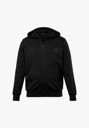 Schwarze Zip-Hoodie aus Baumwollmischung. Mit Kapuze mit Schnürung, vorderen Taschen und einem kleinen Logo auf der Brust. Weicher Stoff.
