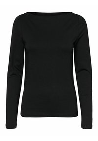 Haut à manches longues noir en coton doux, avec un col bateau et une coupe ajustée. Texture lisse sans motifs visibles ni accessoires.