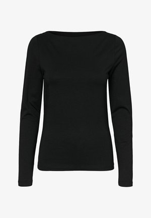 Mustad must sleevese top, mis on valmistatud pehmest puuvillast, laeva kaelusega ja keha vormiv. Sile tekstuur, ilma nähtavate mustrite või riistade.