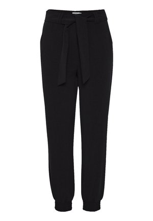 Pantalons noirs fuselés en tissu lisse, dotés d'une ceinture à nouer, de poignets élastiques et d'un design simple sans motifs ni embellissements.