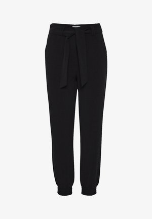 Schwarze tapered Hosen aus einem glatten Stoff, mit einem gebundenen Bund, elastischen Bündchen und einem schlichten Design ohne Muster oder Verzierungen.