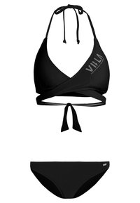 Schwarzes Bikini-Set mit einem dreieckigen Oberteil im Wickeldesign und Bindebändern, kombiniert mit klassischen hüfthohen Bikiniunterteilen.