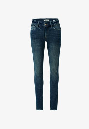 Dark blue denim skinny jeans with a high waist, featuring five pockets and a button closure. Subtle fading and light stitching detail.