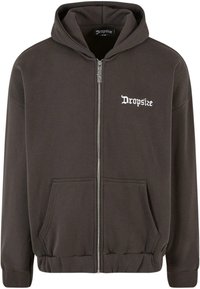 Zippered hoodie made of dark gray fabric. Features a front kangaroo pocket and embroidered "Dropsize" logo in white on the chest.