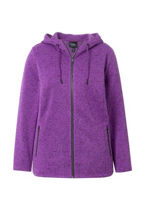 Giacca con cappuccio viola caratterizzata da un motivo testurizzato e macchiato; zip frontale e due tasche laterali con accenti neri. Tessuto morbido, vestibilità rilassata.