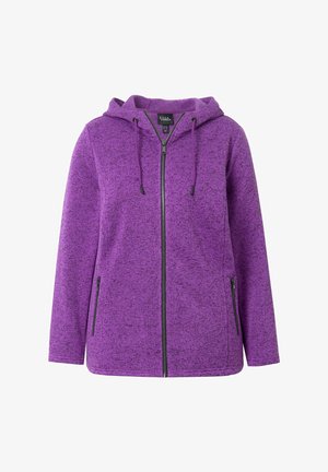 Veste à capuche violet avec un motif texturé et moucheté ; fermeture éclair sur le devant et deux poches latérales avec des accents noirs. Tissu doux, coupe décontractée.