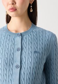Light blue cardigan with a cable knit design, round neck, ribbed edges, and button closure. Features subtle logo embroidery.