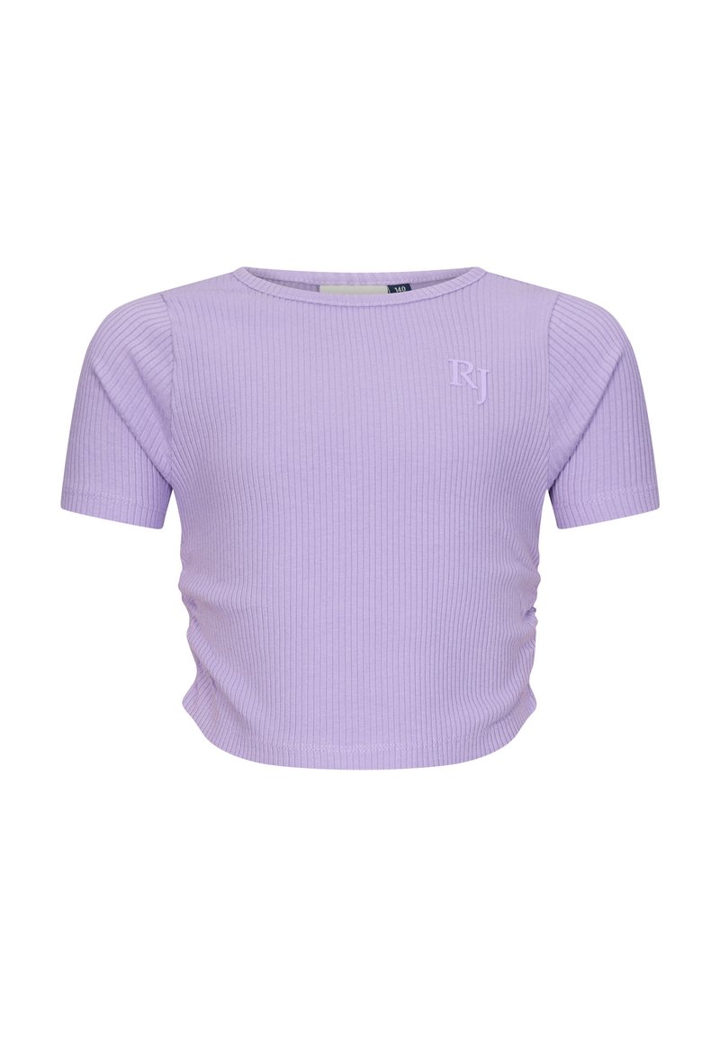 Top a maniche corte in tessuto a coste di colore lilla chiaro. Presenta un collo rotondo e un sottile dettaglio arricciato sui lati. Logo "RJ" ricamato.