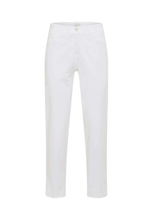 Hvide skræddersyede slim-fit bukser med forreste knap og bæltestropper, ankellangt fald og minimalistisk design.