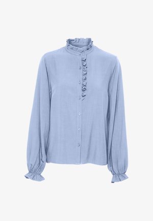 Hele helesinine pikade varrukatega pluus, millel on volangiga krae ja esikorrus, mis on varustatud nööbiga sulgemisega ning gathered randmetega. Sile kangastekstuuri.