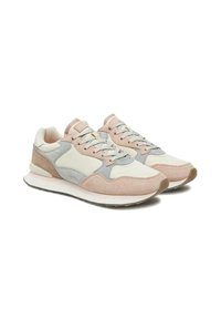 Zapatillas ligeras que combinan materiales de ante y malla en tonos rosa, gris y crema; diseño con cordones y suela blanca acolchada.