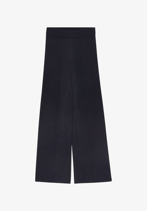 Schwarze, weit geschnittene Hosen mit hoher Taille und vertikalen Nahtdetails, flach auf einem weißen Hintergrund liegend.