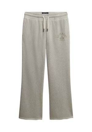 Light grey cotton sweatpants with an elastic waistband and drawstring, featuring a front print of "Superdry 1986 Athletic."