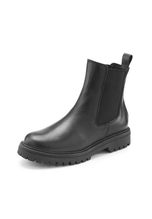Black leather ankle boot with thick tread sole, elastic side panels, and pull tab at the back for easy wear.