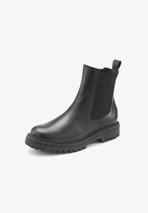Schwarzer Lederknöchelstiefel mit dicker Profilsohle, elastischen Seitenteilen und Zuglasche am Rücken für einfaches Anziehen.