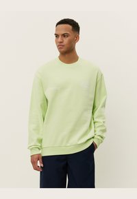 Sudadera verde claro de manga larga, con cuello redondo, puños acanalados y un pequeño logo blanco en el pecho. Textura suave, corte casual.