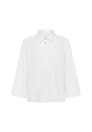 Camicia bianca con un design strutturato, caratterizzata da un davanti plissettato, colletto e maniche a tre quarti. Realizzata in tessuto morbido con una leggera lucentezza.