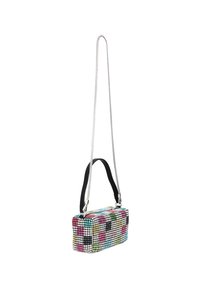 Borsa rettangolare colorata decorata con paillettes multicolori, con una tracolla in catena argentata e un manico in pelle nera.