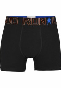 Černé boxerky s elastickým pasem, na kterém je nápis "RON" v oranžové barvě a modré akcenty, vyrobené z měkké, elastické látky.