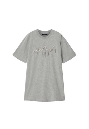 Graues T-Shirt mit kurzen Ärmeln, rundem Ausschnitt und dekorativem Perlen-Textdesign auf der Vorderseite mit der Aufschrift "All Saints".