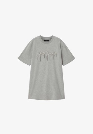 Graues T-Shirt mit kurzen Ärmeln, rundem Ausschnitt und dekorativem Perlen-Textdesign auf der Vorderseite mit der Aufschrift "All Saints".